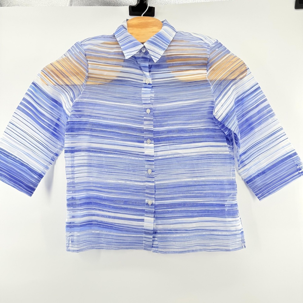 Alfred Dunner Blouse 8 Blue White Sheer Striped Button Up 3/4 Sleeve Coastal Top